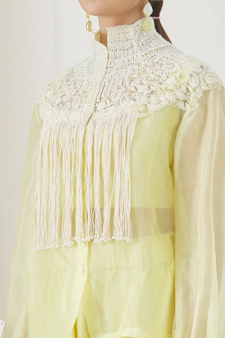 Buy Yellow Embroidered Floral High Tassel Overlay Sheer Shirt And Pant Set  For Women by Anamika Khanna Online at Aza Fashions.