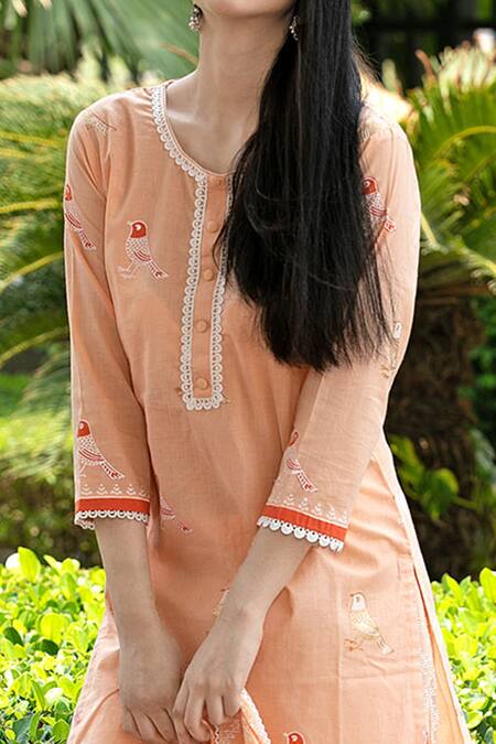 Abbaran_Orange Cotton Cambric Dupatta Mulmul Round Hand Block Print Kurta Set _at_Aza_Fashions