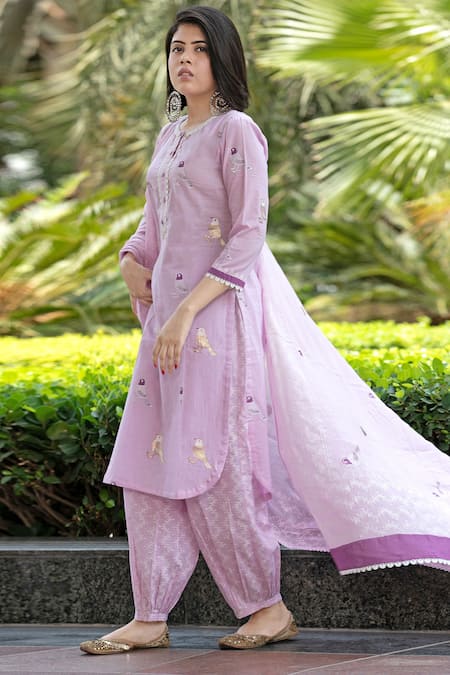 Shop Abbaran Purple Cotton Cambric Dupatta Mulmul Round Hand Block Print Kurta Set Online at Aza Fashions Shop_Abbaran_Purple Cotton Cambric Dupatta Mulmul Round Hand Block Print Kurta Set _Online_at_Aza_Fashions