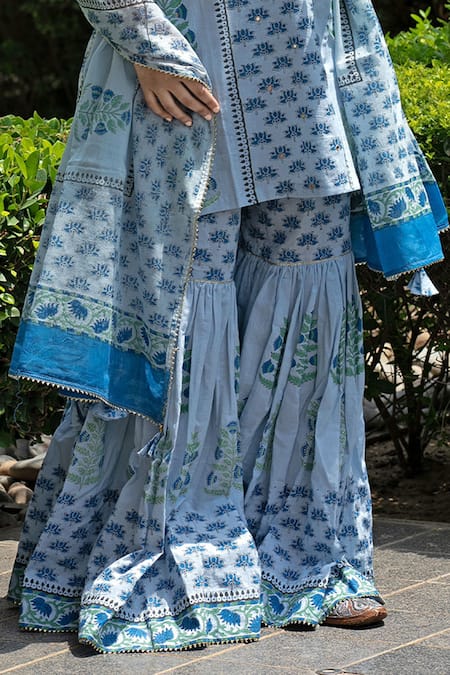 Shop_Abbaran_Blue Cotton Cambric Dupatta Mulmul V Neck Block Print Kurta Gharara Set _Online_at_Aza_Fashions