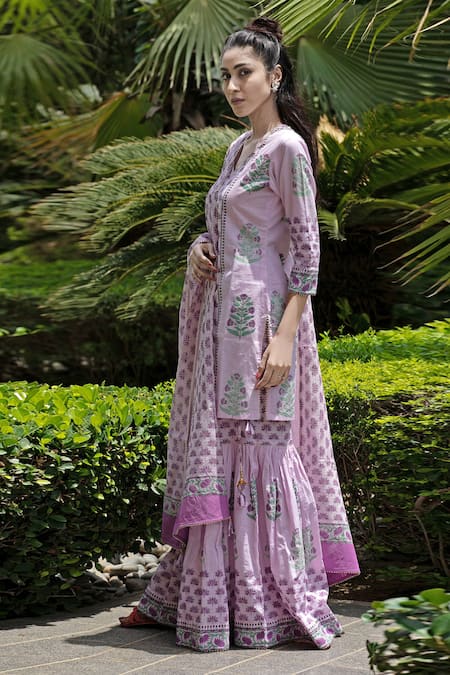 Shop_Abbaran_Purple Cotton Cambric Dupatta Mulmul V Neck Block Print Kurta Gharara Set _Online_at_Aza_Fashions