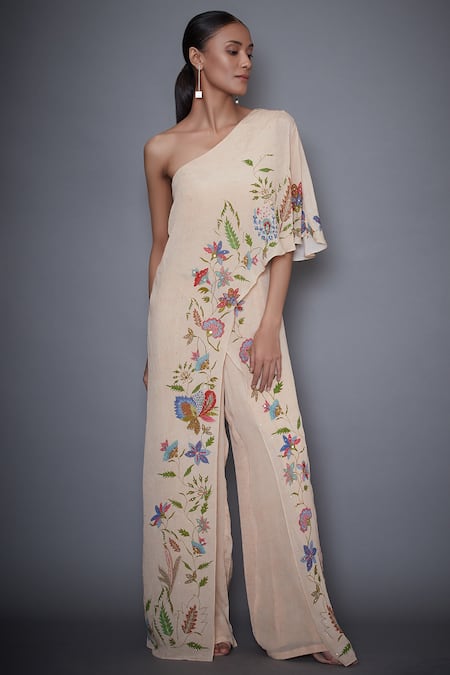 RI.Ritu Kumar Beige Viscose Crepe Asymmetric One Shoulder Jumpsuit 