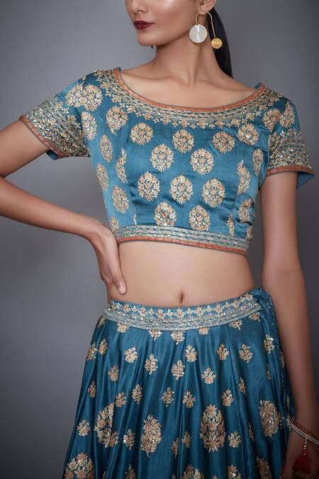 RI.Ritu Kumar Blue Silk Satin Round Embroidered Bridal Lehenga Set at Aza Fashions RI.Ritu Kumar_Blue Silk Satin Round Embroidered Bridal Lehenga Set _at_Aza_Fashions