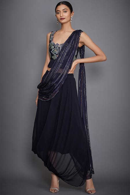 RI.Ritu Kumar Blue Satin Chiffon Square Neck Pre-draped Embroidered Saree Set 