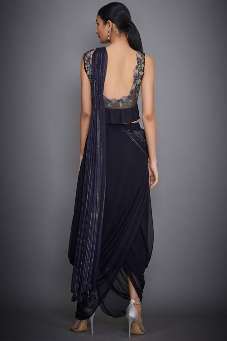 Shop_RI.Ritu Kumar_Blue Satin Chiffon Square Neck Pre-draped Embroidered Saree Set_at_Aza_Fashions