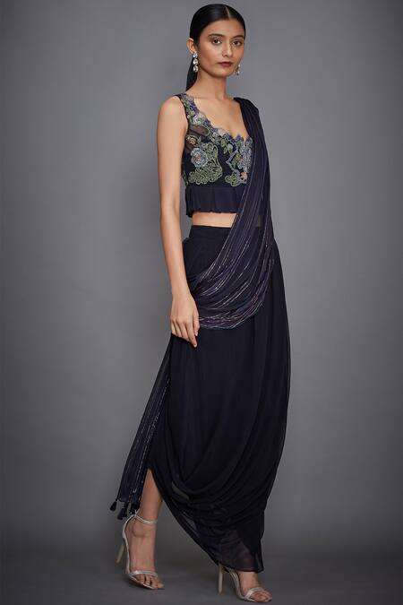 RI.Ritu Kumar_Blue Satin Chiffon Square Neck Pre-draped Embroidered Saree Set_Online_at_Aza_Fashions
