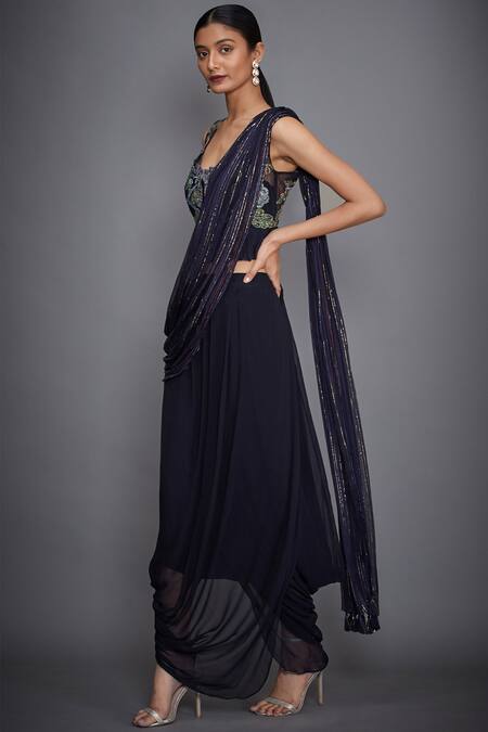 Buy_RI.Ritu Kumar_Blue Satin Chiffon Square Neck Pre-draped Embroidered Saree Set_Online_at_Aza_Fashions