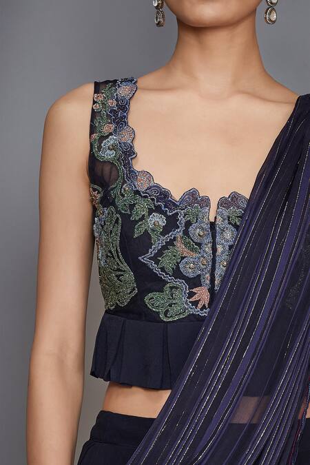 Shop_RI.Ritu Kumar_Blue Satin Chiffon Square Neck Pre-draped Embroidered Saree Set_Online_at_Aza_Fashions