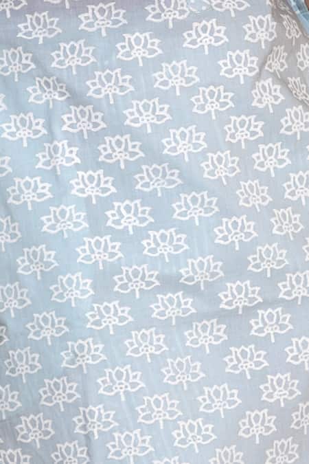 Shop_Abbaran_Blue Cotton Notched Block Print Kurta And Pant Set _Online_at_Aza_Fashions