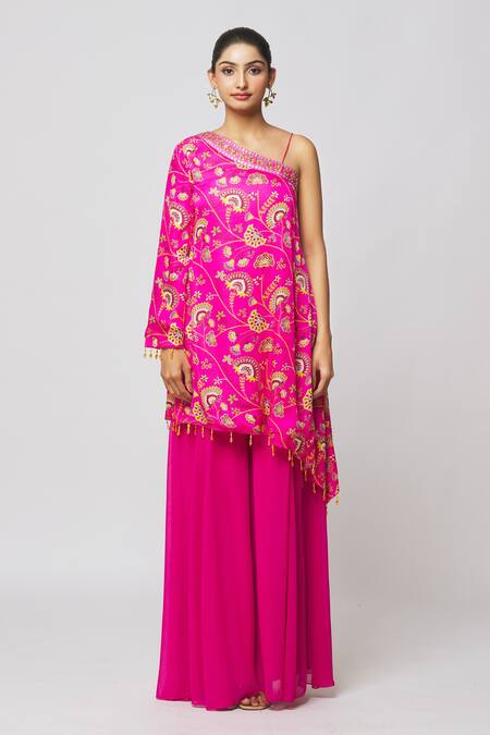 Diyarajvvir Fuchsia Georgette, Modal, Linen Tassels, Floral Jaal Print Kaftan And Sharara Set at Aza Fashions Diyarajvvir_Fuchsia Georgette, Modal, Linen Tassels, Floral Jaal Print Kaftan And Sharara Set _at_Aza_Fashions