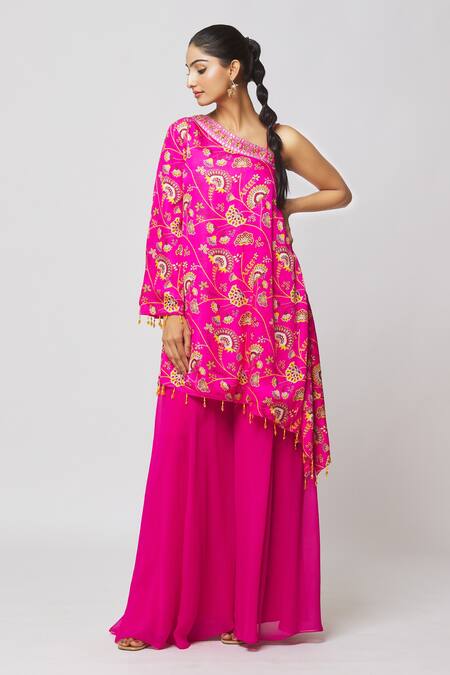 Diyarajvvir Fuchsia Georgette, Modal, Linen Tassels, Floral Jaal Print Kaftan And Sharara Set Online at Aza Fashions Diyarajvvir_Fuchsia Georgette, Modal, Linen Tassels, Floral Jaal Print Kaftan And Sharara Set _Online_at_Aza_Fashions
