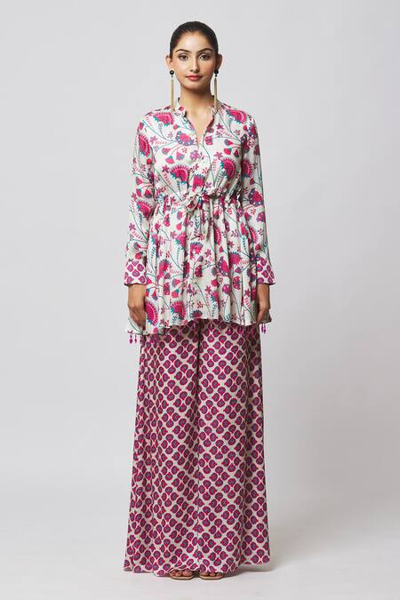 Diyarajvvir_Off White Modal Tassels Mandarin Collar Printed Peplum Kurta And Flared Pant Set _Online_at_Aza_Fashions