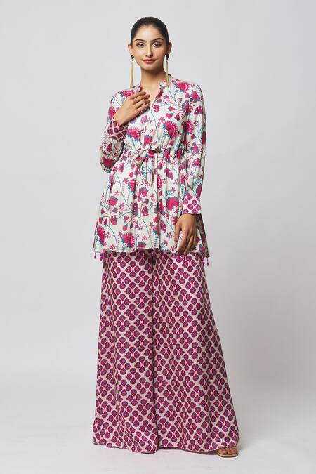 Buy_Diyarajvvir_Off White Modal Tassels Mandarin Collar Printed Peplum Kurta And Flared Pant Set _Online_at_Aza_Fashions