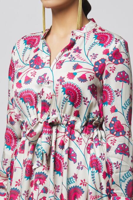 Shop_Diyarajvvir_Off White Modal Tassels Mandarin Collar Printed Peplum Kurta And Flared Pant Set _Online_at_Aza_Fashions