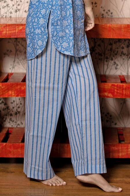 Abbaran Blue Cotton Notched Collar Block Print Kurta And Pant Set at Aza Fashions Abbaran_Blue Cotton Notched Collar Block Print Kurta And Pant Set _at_Aza_Fashions