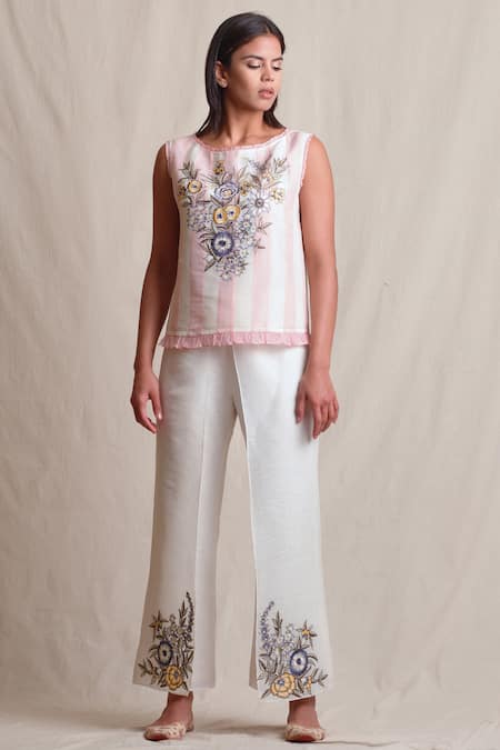 Buy_Sue Mue_Pink Linen Round Panel Top Pant Set _Online_at_Aza_Fashions
