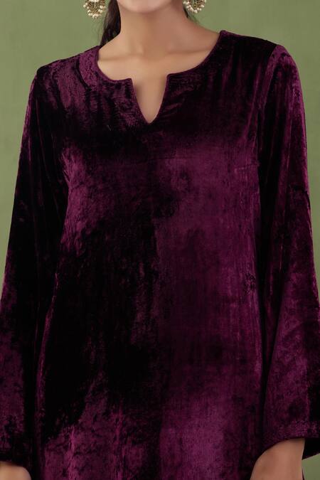 Shop_Abbaran_Maroon Silk Velvet Notched Kurta And Palazzo Set _Online_at_Aza_Fashions
