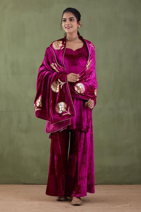 Abbaran Purple Floral Silk Velvet Foil Print Shawl