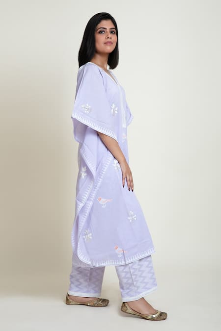Abbaran Purple Cotton Cambric Floral , Bird V Neck Kaftan Kurta And Palazzo Set Online at Aza Fashions Abbaran_Purple Cotton Cambric Floral , Bird V Neck Kaftan Kurta And Palazzo Set _Online_at_Aza_Fashions