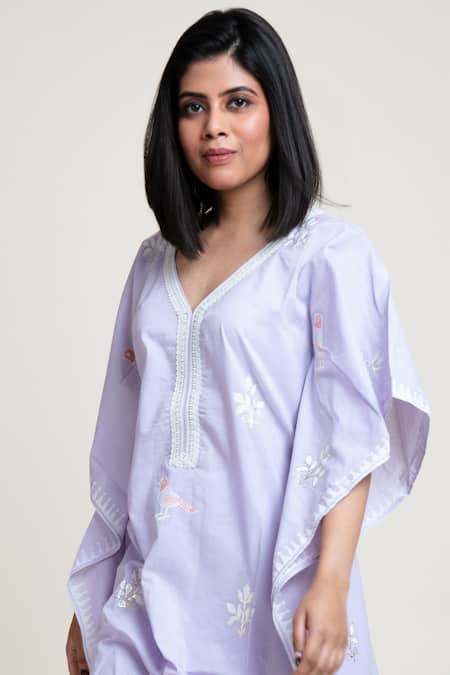 Buy Abbaran Purple Cotton Cambric Floral , Bird V Neck Kaftan Kurta And Palazzo Set Online at Aza Fashions Buy_Abbaran_Purple Cotton Cambric Floral , Bird V Neck Kaftan Kurta And Palazzo Set _Online_at_Aza_Fashions