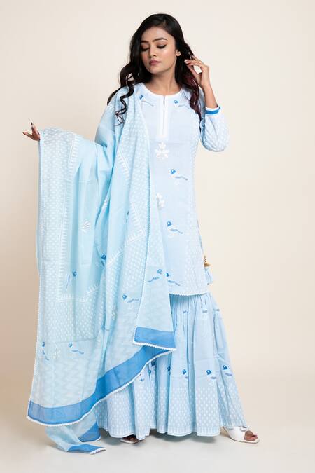 Abbaran Blue Cotton Cambric, Mulmul Bird, Floral, Foil Print, Kurta Gharara Set Online at Aza Fashions Abbaran_Blue Cotton Cambric, Mulmul Bird, Floral, Foil Print, Kurta Gharara Set _Online_at_Aza_Fashions