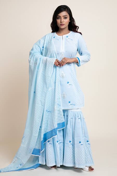 Buy Abbaran Blue Cotton Cambric, Mulmul Bird, Floral, Foil Print, Kurta Gharara Set Online at Aza Fashions Buy_Abbaran_Blue Cotton Cambric, Mulmul Bird, Floral, Foil Print, Kurta Gharara Set _Online_at_Aza_Fashions