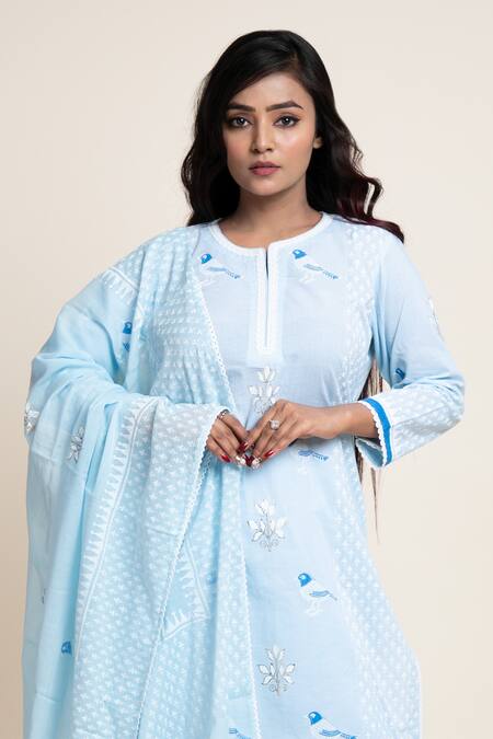Shop Abbaran Blue Cotton Cambric, Mulmul Bird, Floral, Foil Print, Kurta Gharara Set Online at Aza Fashions Shop_Abbaran_Blue Cotton Cambric, Mulmul Bird, Floral, Foil Print, Kurta Gharara Set _Online_at_Aza_Fashions