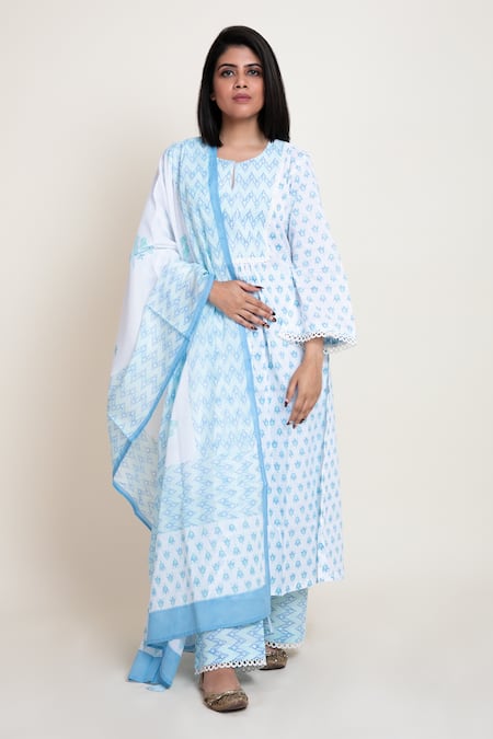 Off White Blue Printed Cambric Cotton Palazzo