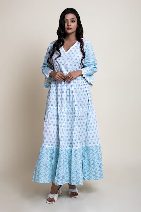 Buy Abbaran Blue Cotton Cambric Block Print V Neck Floral Dress Online at Aza Fashions Buy_Abbaran_Blue Cotton Cambric Block Print V Neck Floral Dress _Online_at_Aza_Fashions