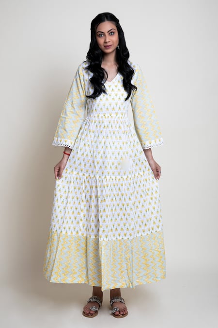 Abbaran Yellow Cotton Cambric Block Print V Neck Floral Dress 