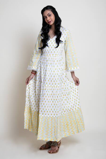 Abbaran Yellow Cotton Cambric Block Print V Neck Floral Dress Online at Aza Fashions Abbaran_Yellow Cotton Cambric Block Print V Neck Floral Dress _Online_at_Aza_Fashions