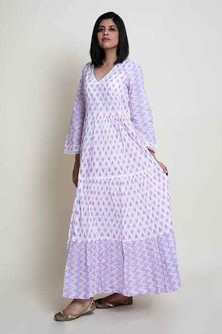 Abbaran_Purple Cotton Cambric Block Print V Neck Floral Dress _Online_at_Aza_Fashions