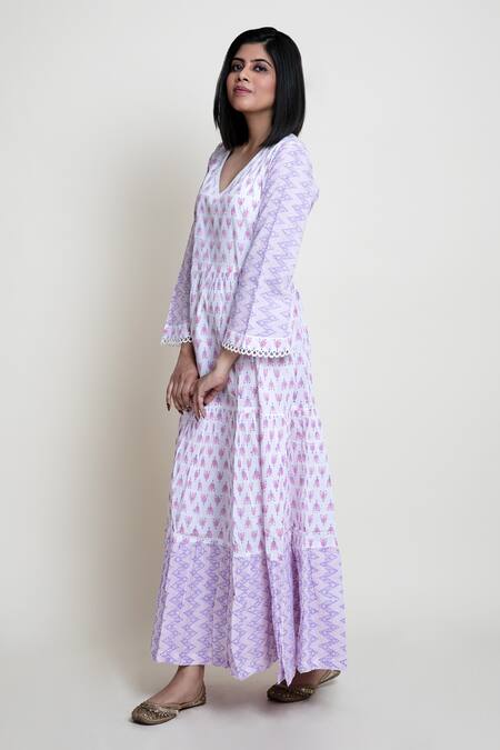 Buy_Abbaran_Purple Cotton Cambric Block Print V Neck Floral Dress _Online_at_Aza_Fashions