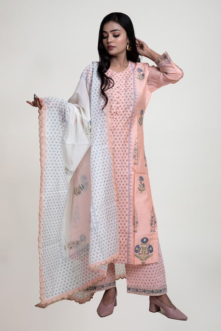 Abbaran Peach Cotton Cambric Printed Block Round Chanderi Kurta Palazzo Set 