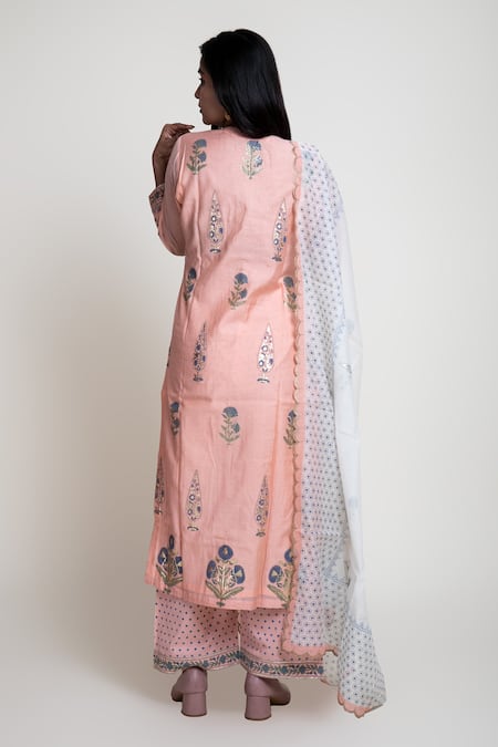 Shop Abbaran Peach Chanderi, Cotton Cambric Block , Foil Round Kurta Palazzo Set at Aza Fashions Shop_Abbaran_Peach Chanderi, Cotton Cambric Block , Foil Round Kurta Palazzo Set _at_Aza_Fashions