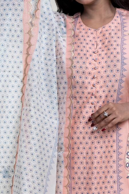 Shop Abbaran Peach Chanderi, Cotton Cambric Block , Foil Round Kurta Palazzo Set Online at Aza Fashions Shop_Abbaran_Peach Chanderi, Cotton Cambric Block , Foil Round Kurta Palazzo Set _Online_at_Aza_Fashions