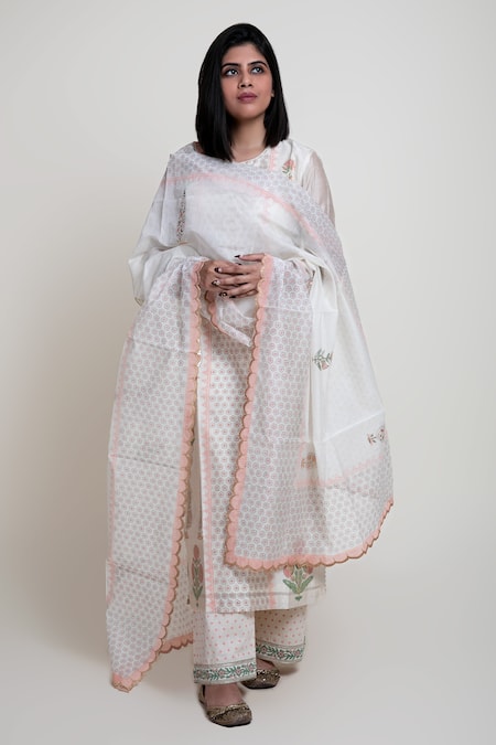 Abbaran_White Chanderi, Cotton Cambric Block , Foil Round Kurta Palazzo Set _Online_at_Aza_Fashions