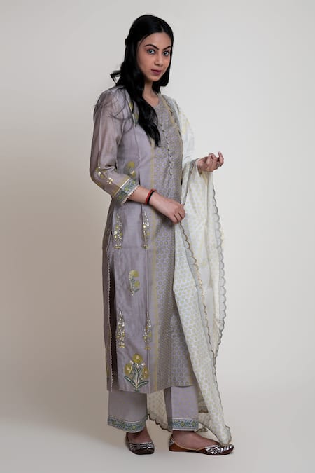 Abbaran_Grey Chanderi, Cotton Cambric Block , Foil Round Kurta Palazzo Set _Online_at_Aza_Fashions