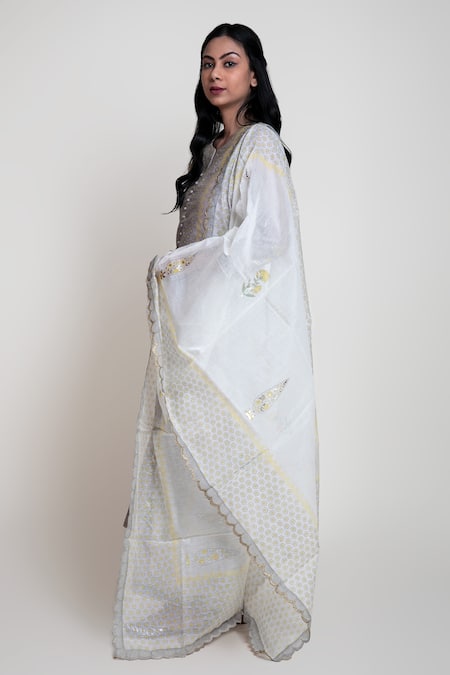 Buy_Abbaran_Grey Chanderi, Cotton Cambric Block , Foil Round Kurta Palazzo Set _Online_at_Aza_Fashions