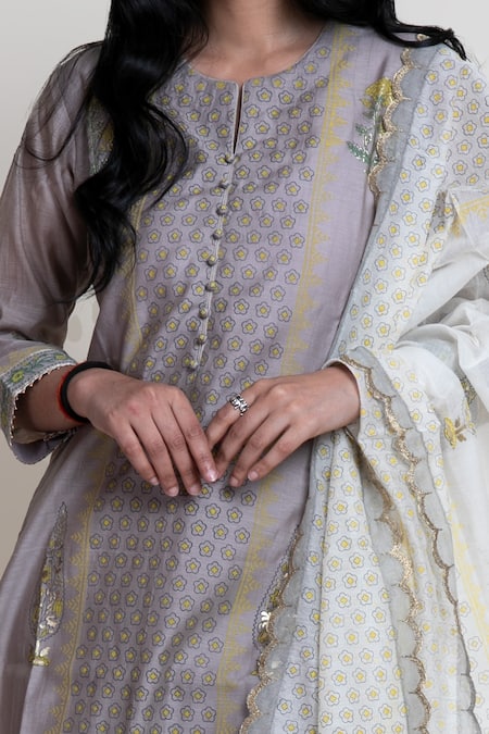 Shop_Abbaran_Grey Chanderi, Cotton Cambric Block , Foil Round Kurta Palazzo Set _Online_at_Aza_Fashions