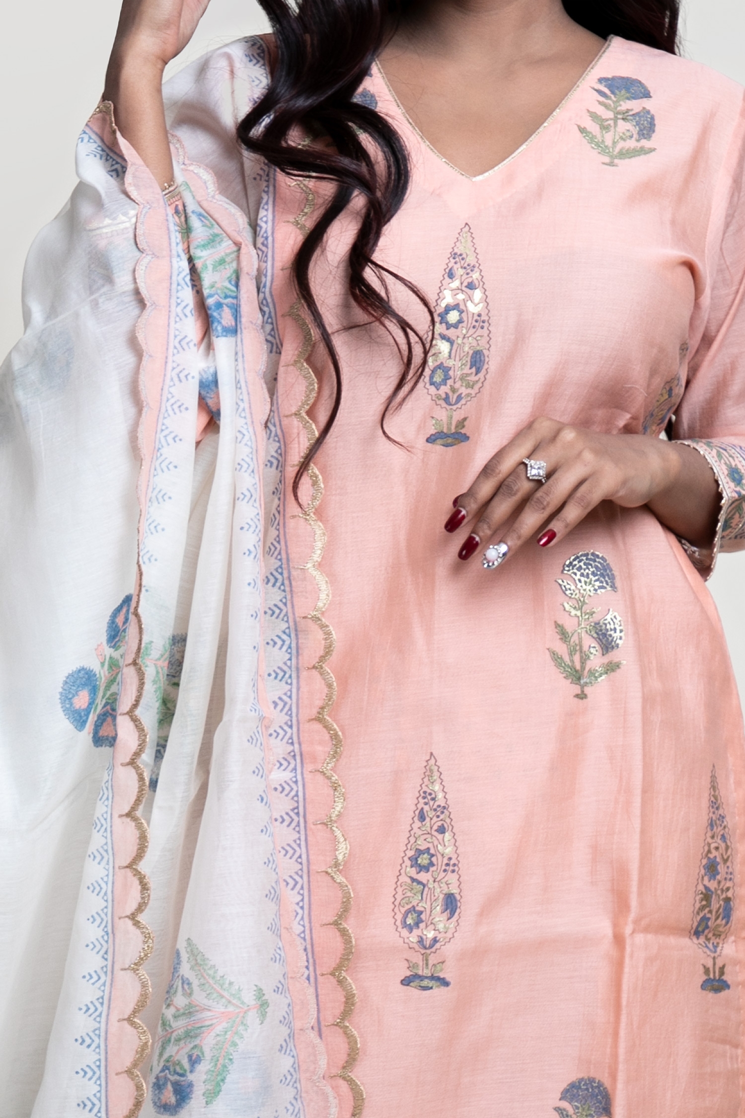 Shop_Abbaran_Peach Chanderi, Cotton Cambric Block , Foil V Neck Kurta Set _Online_at_Aza_Fashions