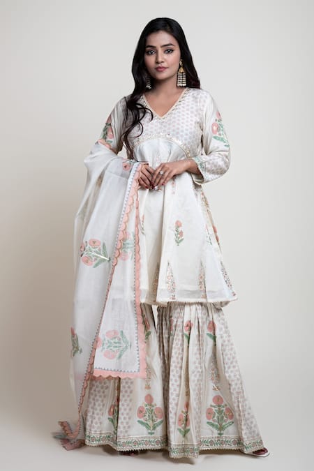 Abbaran Chanderi Block Print Kurta Gharara Set 