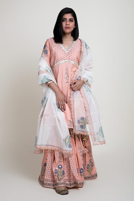 Abbaran Chanderi Block Print Kurta Gharara Set 