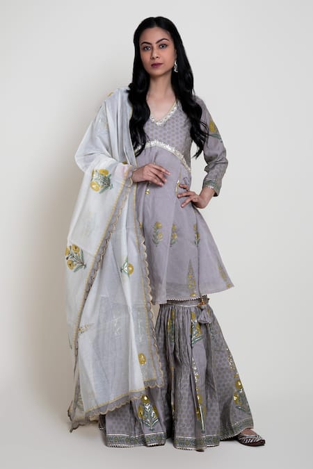 Abbaran Chanderi Block Print Kurta Gharara Set 