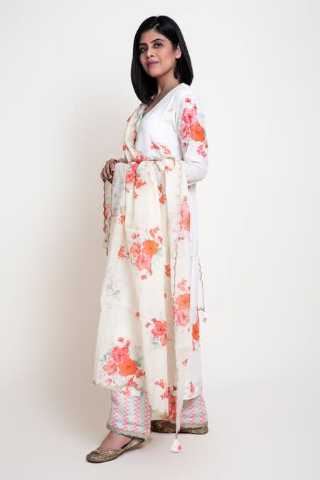 Buy_Abbaran_White Chanderi, Cotton Silk Digital Print Round Floral Kurta Palazzo Set_Online_at_Aza_Fashions