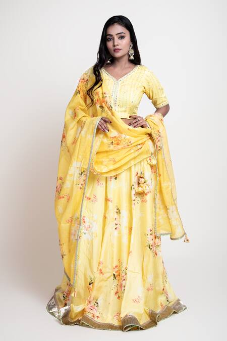 Abbaran_Yellow Chanderi, Cotton Silk Digital Print V Neck Floral Lehenga Set_Online_at_Aza_Fashions