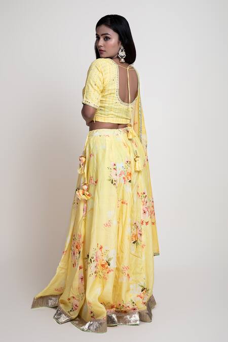 Buy_Abbaran_Yellow Chanderi, Cotton Silk Digital Print V Neck Floral Lehenga Set_Online_at_Aza_Fashions