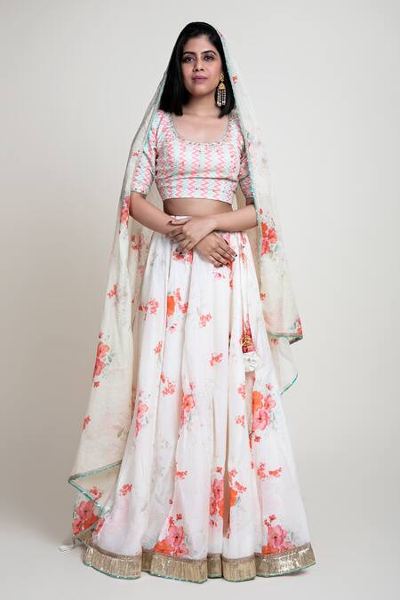 Abbaran_White Chanderi, Cotton Silk Digital Print Round Floral Lehenga Set _Online_at_Aza_Fashions