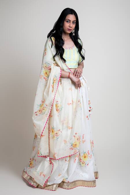 Abbaran_White Chanderi, Cotton Silk Digital Print Round Floral Lehenga Set _Online_at_Aza_Fashions