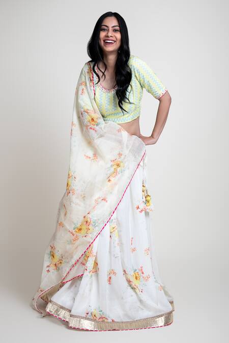 Buy_Abbaran_White Chanderi, Cotton Silk Digital Print Round Floral Lehenga Set _Online_at_Aza_Fashions